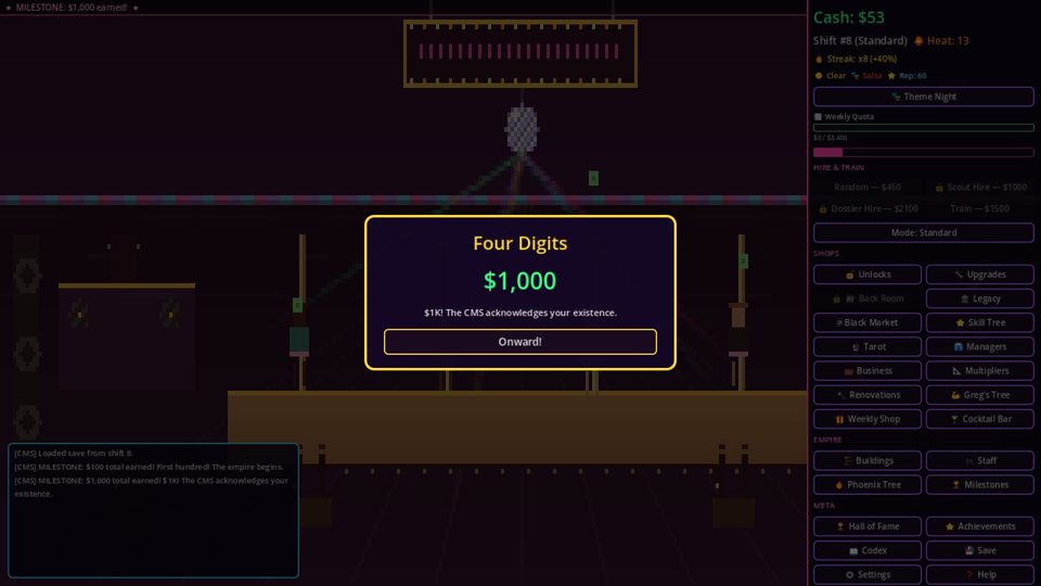 Club Empire — milestone earnings popup