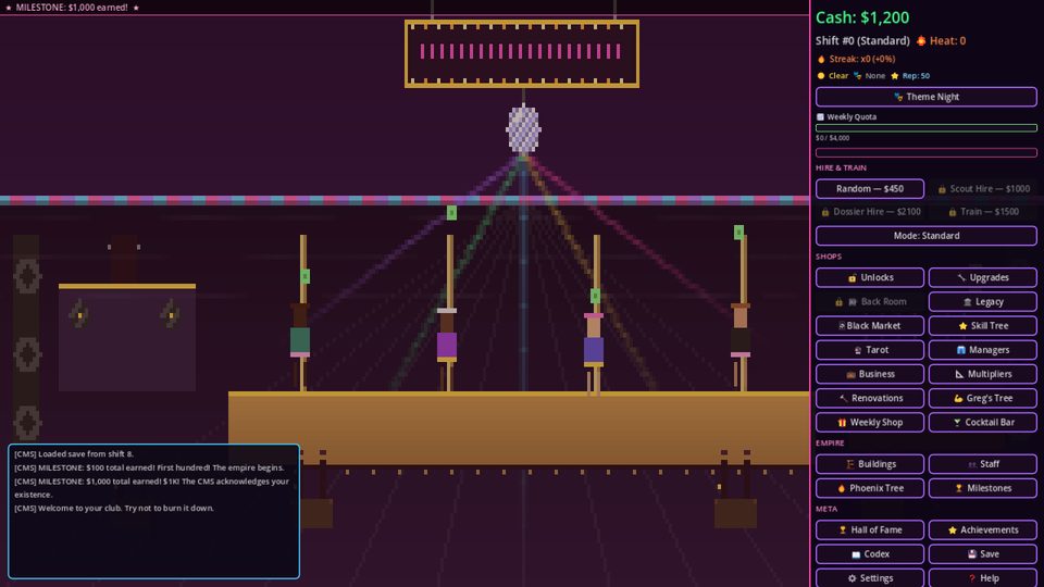 Club Empire — dancers on stage with full UI